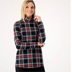 Denim & Co. Printed Perfect Jersey Turtle Neck Top Size Medium Plaid